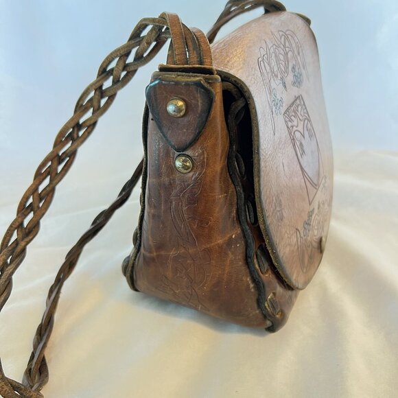 Rare Retro / Boho Rustic Hand Tooled 1970’s Heart & Floral Design Hippie Bag - Picture 4 of 10